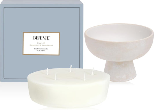 New BLUEME Wellness Candle Wax Refill, Contains Essential Oil, Sustainable, Hand Finished, Hand Poured, Premium, Luxury Ceramic, Natural Cotton Wick (24oz, Osmanthus & Sandalwood)