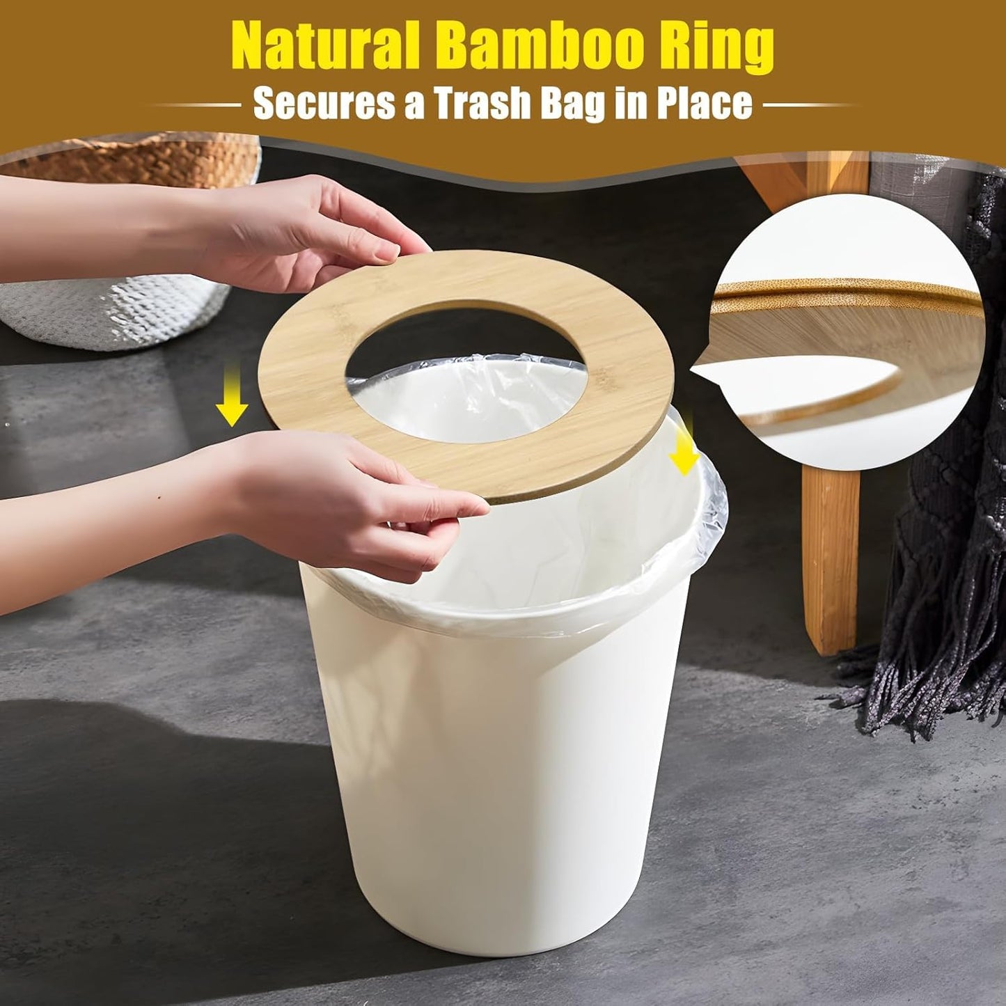 White Trash Can for Bedroom with Bamboo Lid, 2.4 Gallon Open Top Trash Can 3 Pack, Modern Aesthetic Garbage Can for Room Office Living Room, Small Bathroom Trash Bin Boho Style