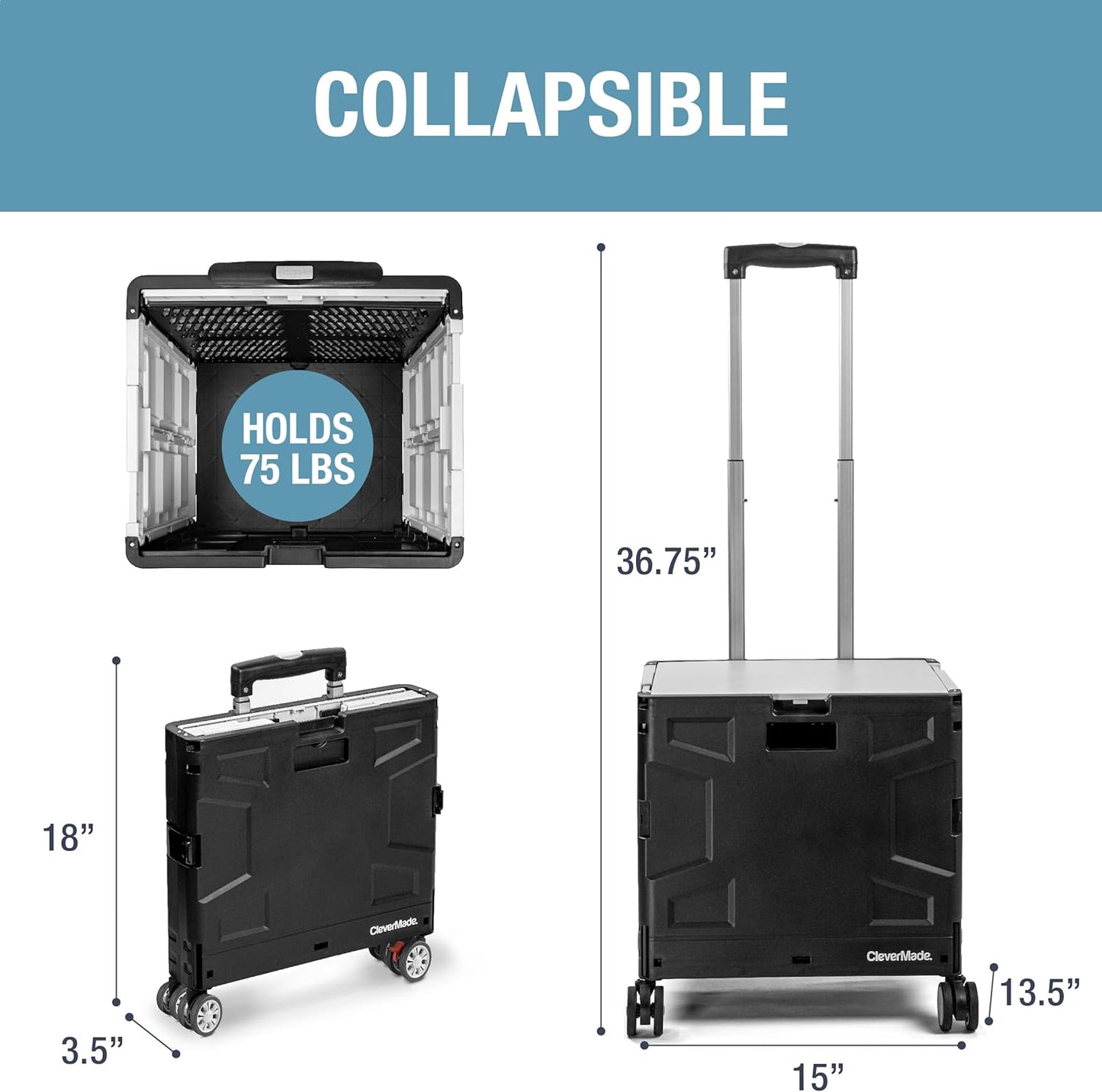 CleverMade Collapsible Wheeled Crate with Lid, 4-Wheels - Swivel and Glide Rolling Crate with Handle and Double Wheels for Easy Transport and Versatile Use - 35L and 75lb Capacity, Black/Cream