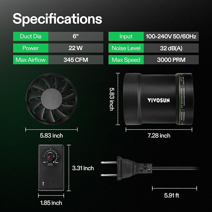 VIVOSUN 6” Inline Booster Duct Fan with Speed Regulator, 345 CFM Quiet Exhaust Fan for HVAC Ventilation in Grow Tents, Basements, Bathrooms, Kitchens, and Attics