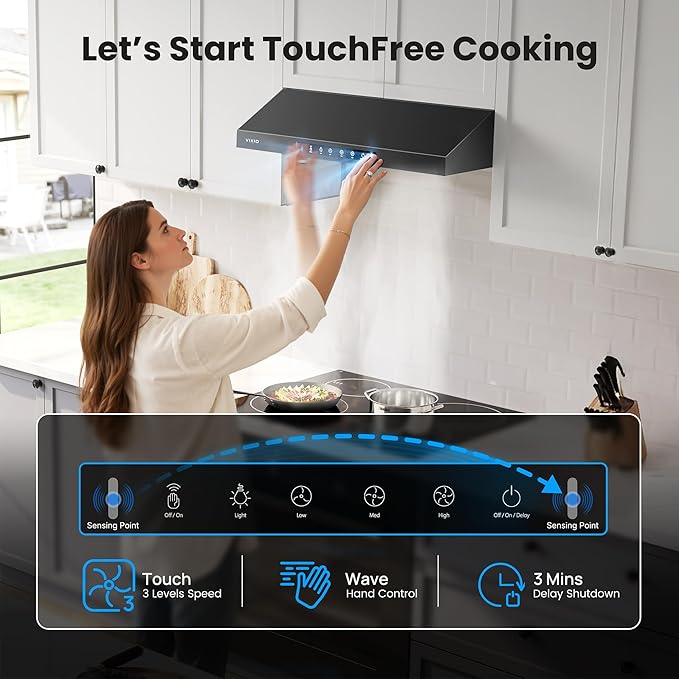 Range Hood 36 Inch Under Cabinet, 900 CFM Dual Centrifugal Motor, 3-Speed Ducted Kitchen Vent, Reusable Filters, Stainless Steel Kitchen Exhaust Fan with LED Lights, Black