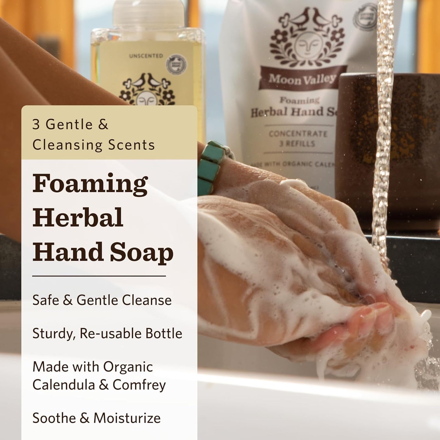 Moon Valley Herbal Foaming Hand Soap, Lemon Rosemary, Mint Lavender, Grapefruit Thyme Three Pack, Vegan, Recyclable Bottle