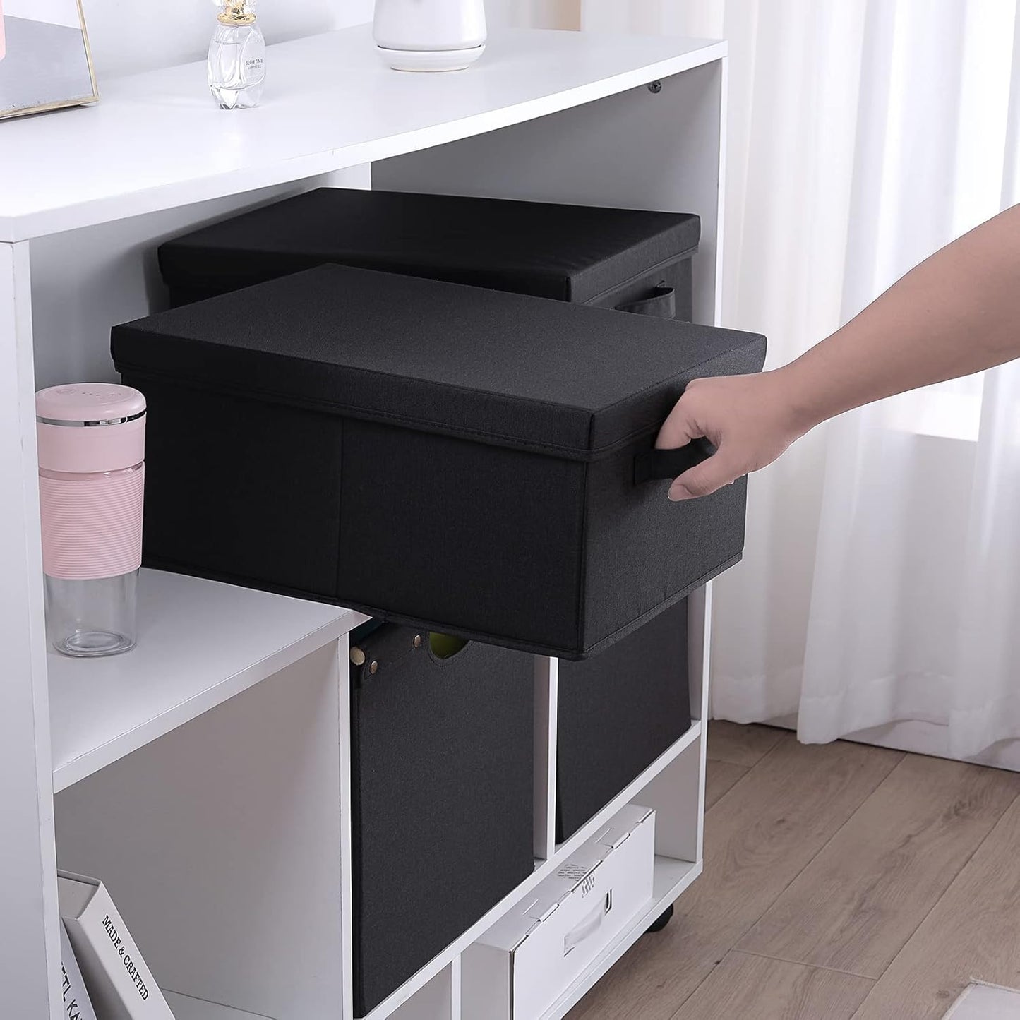 HOONEX Storage Bins with Lids for Organizing, Pack of 2, Storage Boxes with 2 Carrying Handles and Sturdy Heavy Cardboard, 16.5" L x 11.8" W x 7.5" H for Shoes, Books, Clothes, Black