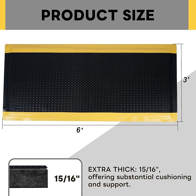 Nisorpa Anti Fatigue Mats Industrial 3' x 6' Ergonomic Standing Mat 15/16" Extra Thick Cushioned Shop Floor Mats Kitchen Mats Heavy Duty Commercial Diamond Plate Support for Leg & Back Pain
