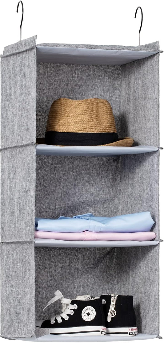 Hanging Closet Organizer, Easy Mount Collapsible 3-Shelf Camper Closet Wardrobe Hanging Storage Shelves, Folded Clothes Towels Handbag Shoes Accessories Storage, Linen Cloth, Gray
