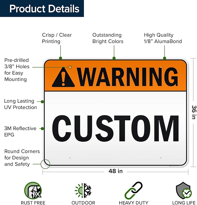 Custom warning Sign, Ansi Sign, Osha Compliant, 36x48 Inches, Reflective, Rust Free DiBound, Fade Resistant, Made in USA by My Sign Center