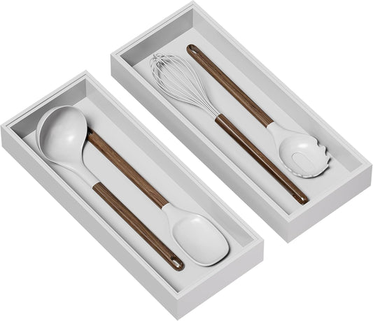 Kitchen Drawer Organizer - 2 Pack, Stackable Bamboo Drawer Organizers, Wooden Storage Box Tray for Cabinet, Pantry, Bathroom Countertop, Multi-use Organization and Storage (White)