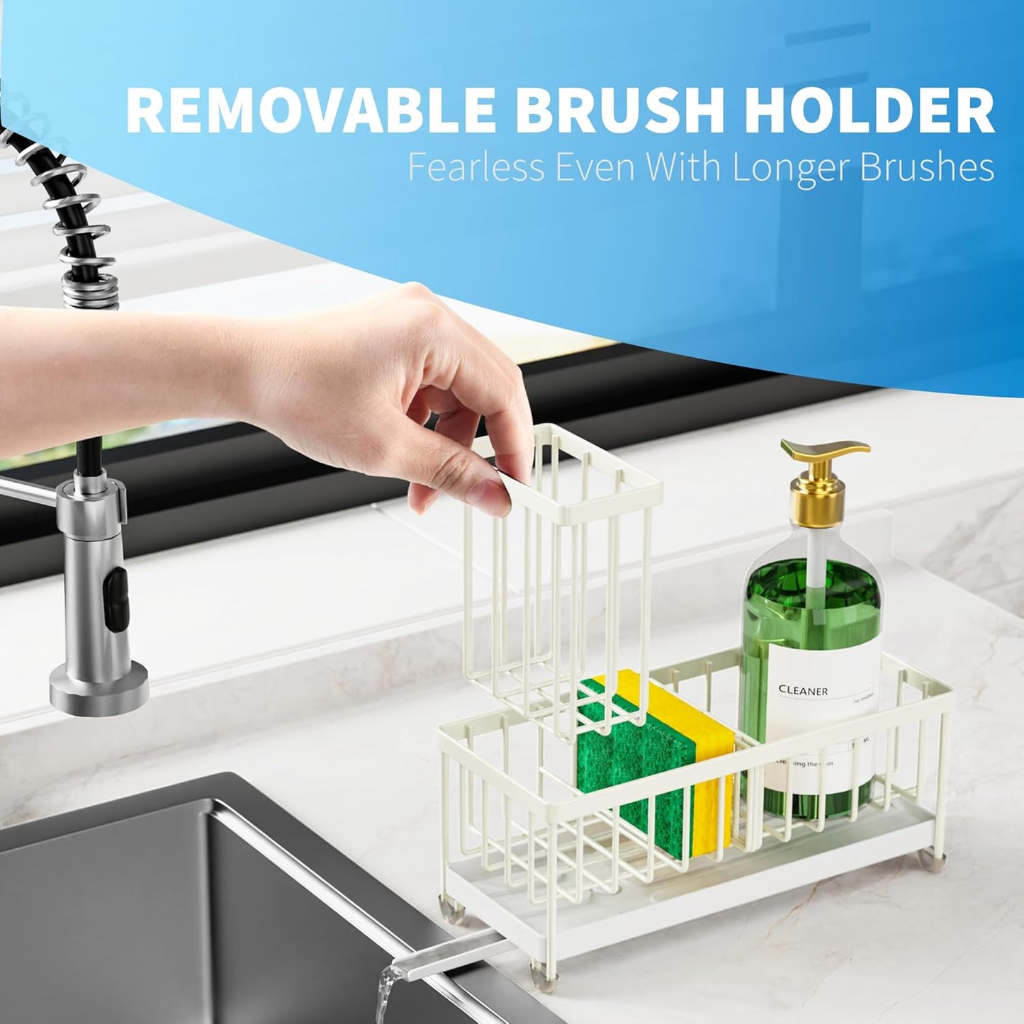 Cisily Cream Sponge Holder for Kitchen Sink, Sink Caddy Organizer with High Brush Holder, Kitchen Countertop Organizers and Storage Essentials, Rustproof 304 Stainless Steel, Soap Dispenser Organize