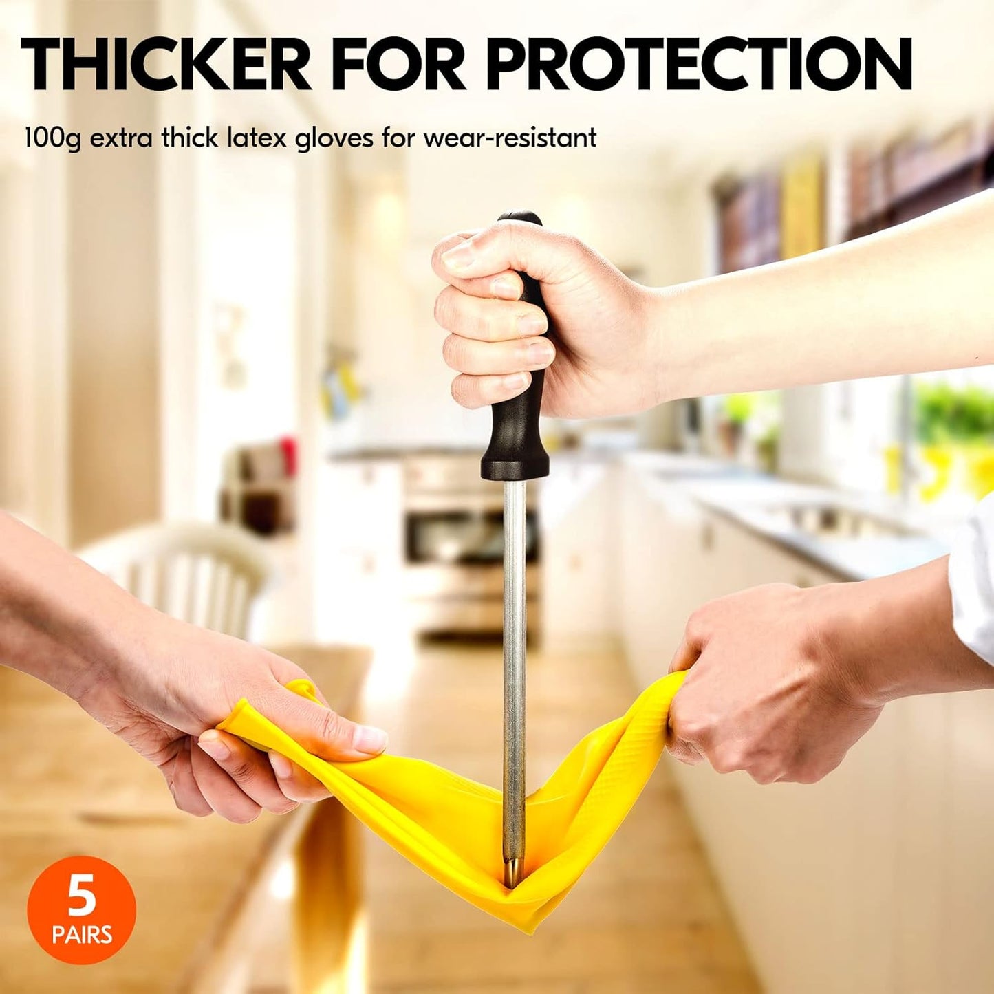 Vgo... 5-Pairs Reusable Household Gloves, Rubber Dishwashing gloves, Extra Thickness, Long Sleeves, Kitchen Cleaning, Working, Painting, Gardening, Pet Care (Size XL, Yellow, HH4601)