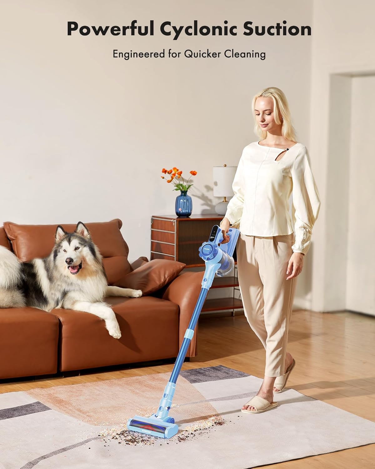 Trucozie Cordless Vacuum Cleaner, 8-in-1 Lightweight Stick Vacuum with 45mins Runtime, Powerful Suction, Rechargeable Cordless Vacuum for Carpet, Tile, Pet Hair, Hardwood Floors, Blue