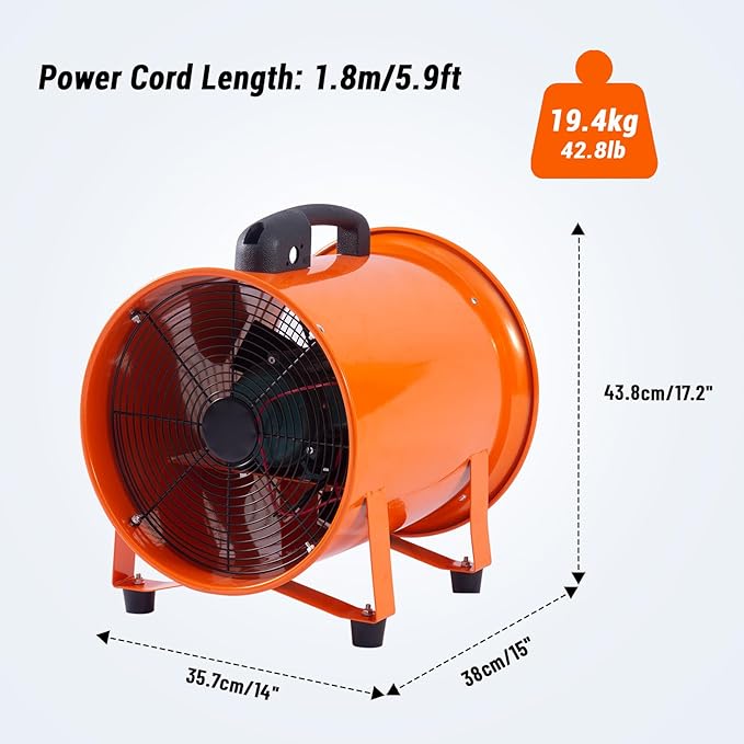 12 in Utility Blower Exhaust Fan with 32.8 ft Duct, 3500 r/min & 3500 CFM Heavy Duty Blower Fan, High Velocity Low Noise Extraction and Ventilation Fan for Ventilating Workshops, Confined Space