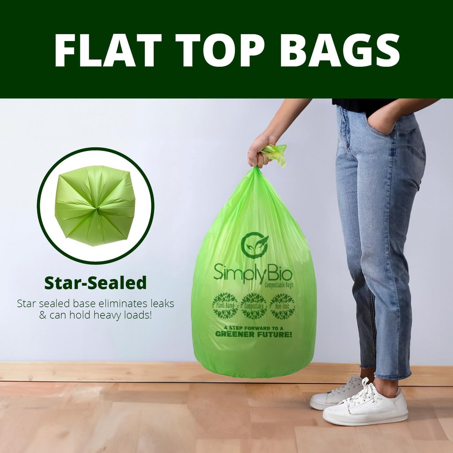 10-13 Gallon Compostable Trash Bags with Flat-Top 50 Bags Thick 0.87 Mil Leakproof Plant-based Tall Kitchen Wet Food Scrap Waste, ASTM D6400, US BPI and OK Compost Home Certified