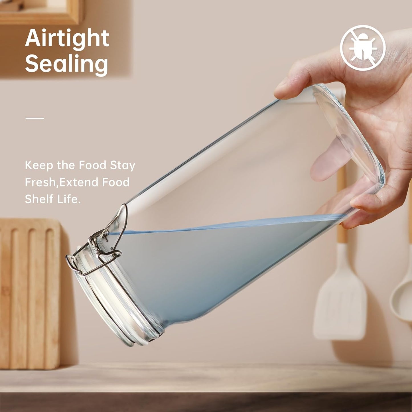 Square Glass Jars with Airtight Lid Set of 3, 50 floz Wide Mouth Mason Jars with Clamp Lids,Glass Sealed Jars with Air Tight Lids, Best for Kitchen & Pantry Food Storage
