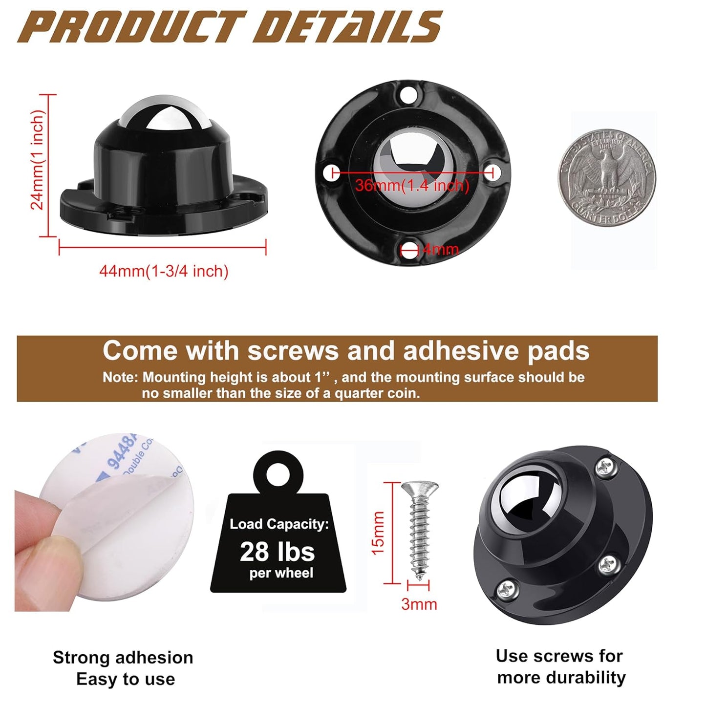 PlusRoc 8 Pack Self Adhesive Caster Wheels 1 Inch for Appliance Sliders Rollers, Load Capacity 28LBS Per Wheel, Low Profile Swivel Wheels for Furniture Storage Bins, Black