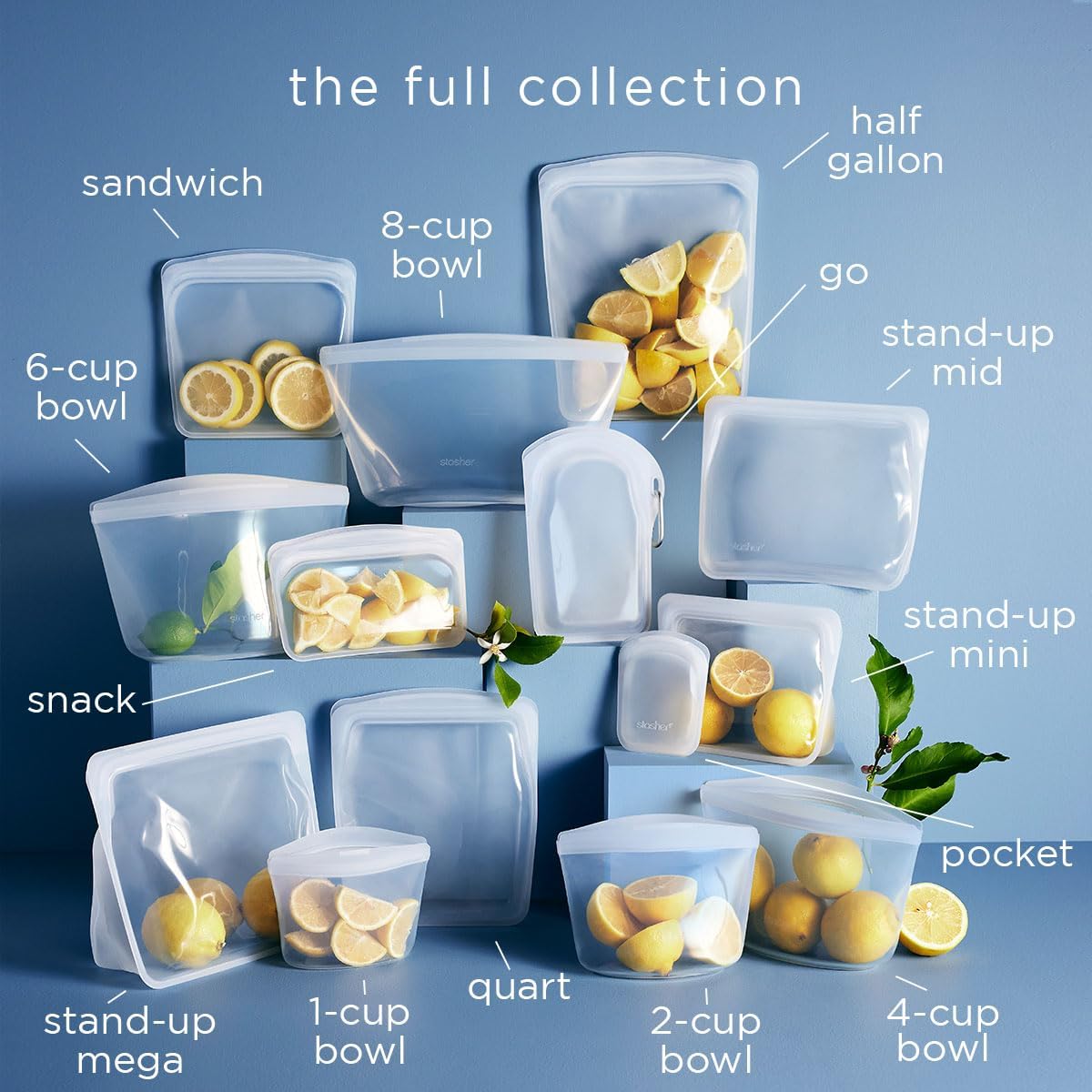 Stasher Premium Silicone Reusable Food Storage Bags, 4-Pack, Clear, Multi-Use Food Storage Bags, Lunch Bag, Travel Containers, BPA Free, Leak-free, Dishwasher-Safe, Eco-friendly