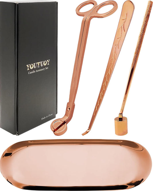 4 in1 Candle Accessory Set with Storage Tray Plate, Candle Wick Trimmer, Candle Wick Snuffer, Candle Wick Dipper, Great for Scented Candles Lovers (Rose Gold)