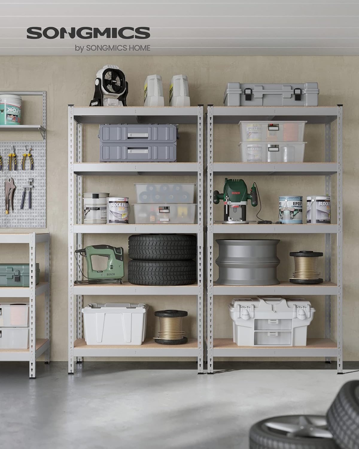 SONGMICS 5-Tier Storage Shelves, Load 2310 lb, Set of 2 Garage Storage, Boltless Assembly, Adjustable Shelving Unit, 17.7 x 35.4 x 70.9 Inches, for Study Shed Basement, Silver UGLR450E02