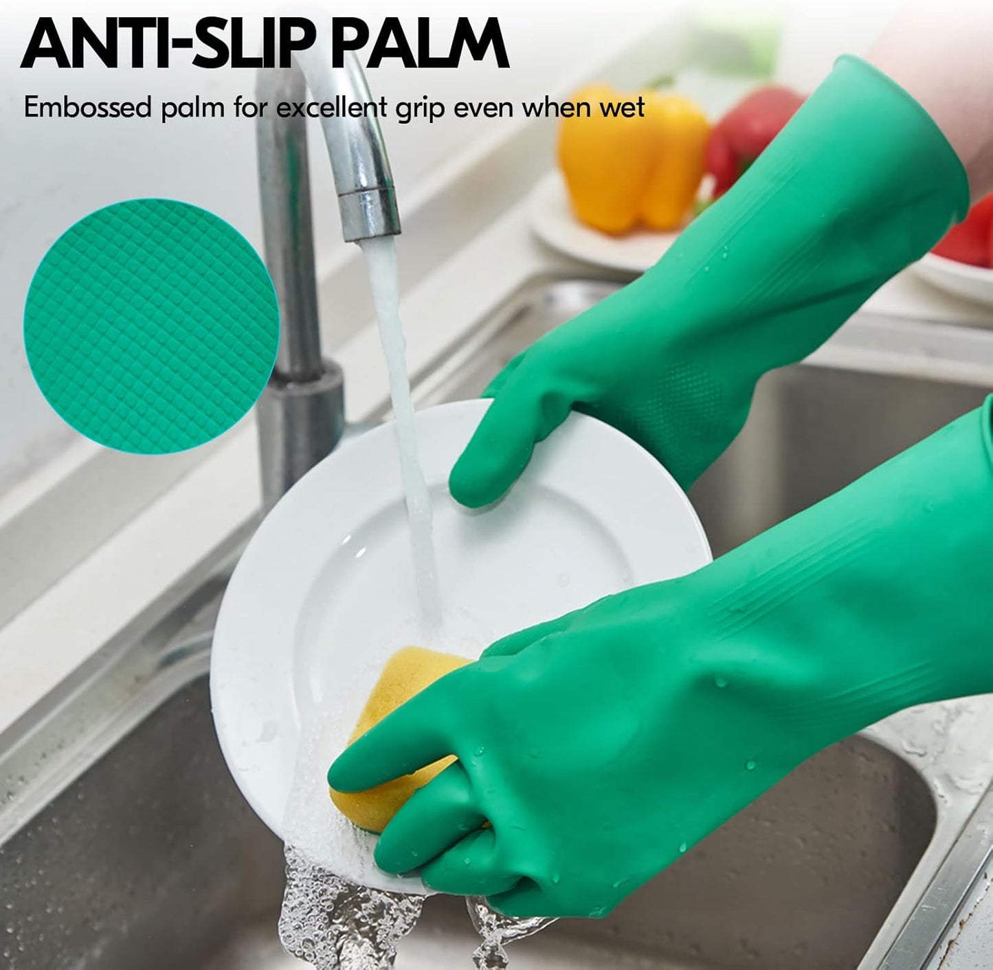 Vgo... 1-Pair Reusable Household Gloves, Rubber Dishwashing gloves, Extra Thickness, Long Sleeves, Kitchen Cleaning, Working, Painting, Gardening, Pet Care (Size L, Green, HH4601)