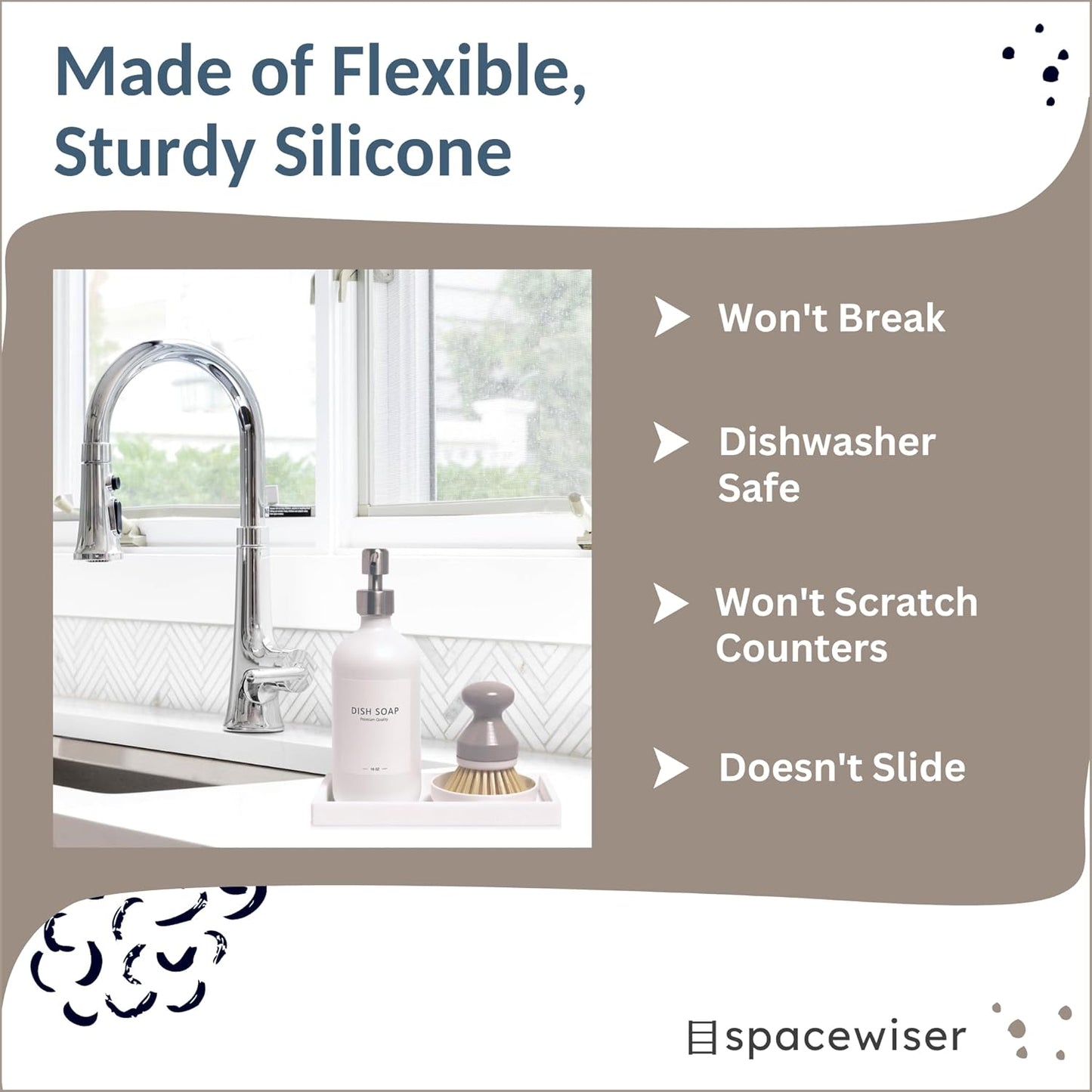 Countertop and Vanity Tray - Small 7.7” Silicone Tray for Soap Dispenser, Bathroom Trays, Dish Soap Trays for Kitchen Counter, Sink Caddy Sinks Organizer, Soaps Dish & Sponge Holder, White