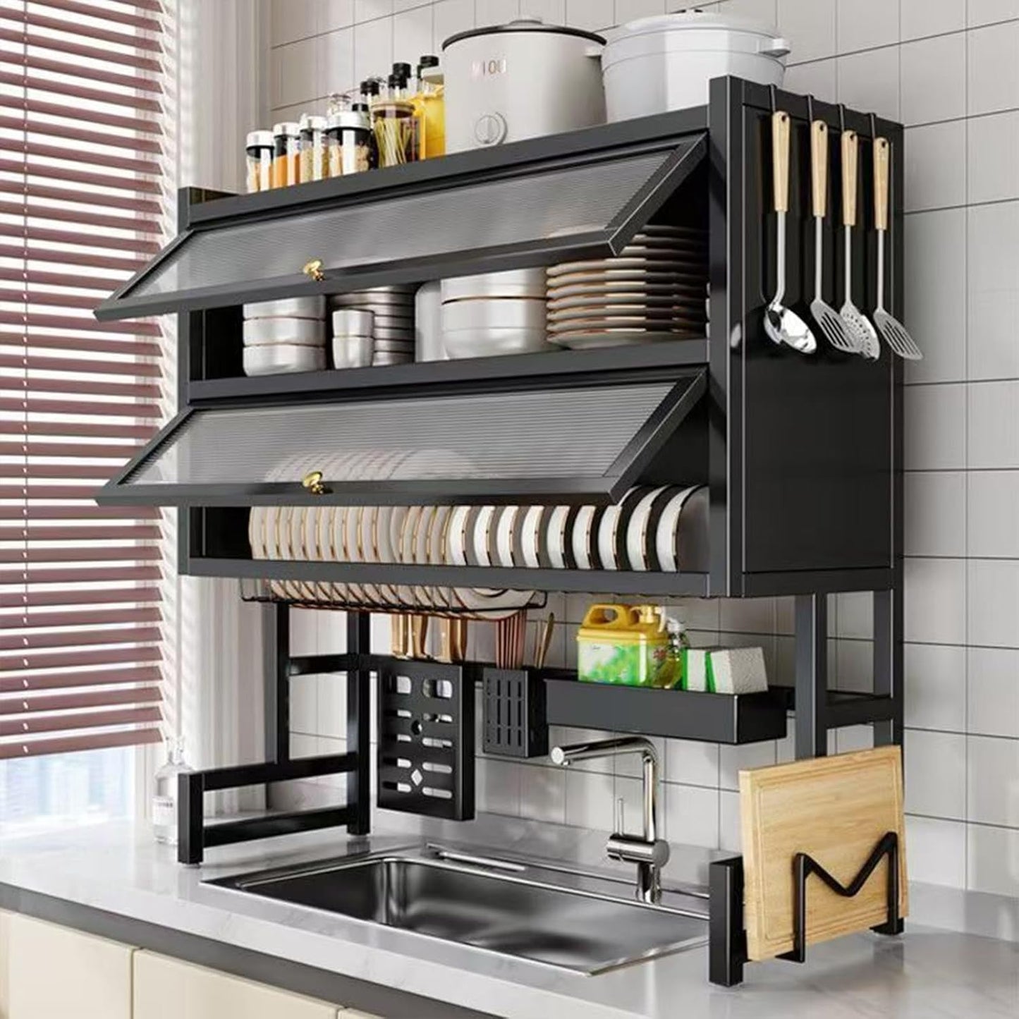 Over The Sink Dish Drainer Drying Rack 4 Tiers with Cover, Keep Kitchen Sink Shlef Organized Space-Saving Dish Drying Rack, Large Drying Rack for Dishes, Glasses, Bowls, Cutlery W-41.3in