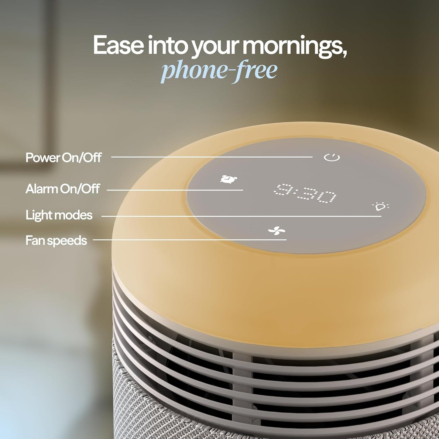 BLUEAIR Purifier for Bedroom - Mini Restful - Sunrise Clock with HEPASilent Filtration and Wake Up Light - Cleans Air and Supports Circadian Rhythm - USB-C and App Connectivity