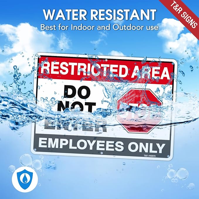 T&R Large Restricted Area Do Not Enter Employees Only Sign - 4 Pack - 14 x 10 Inches Rust Free .040 Aluminum - UV Protected, Waterproof, Weatherproof and Fade Resistant - 6 Pre-drilled Holes