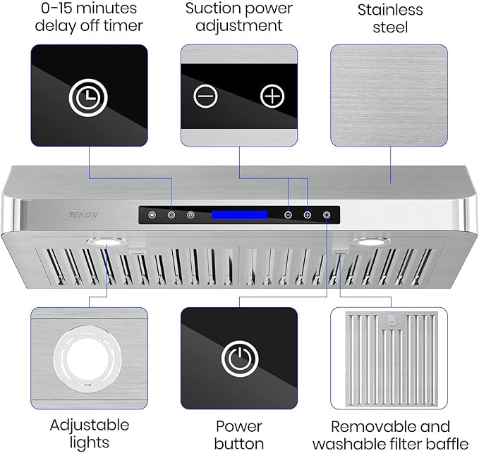 EKON 36 inches Under Cabinet Range Hood, 900 CFM Stainless Steel Kitchen Chimney Vent, 4 Speed Touch Screen Control With Remote 2Pcs 3W LED lights Dishwasher-safe Filters Fan Timer