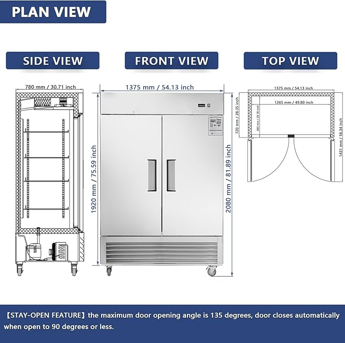 54" Upright Commercial Freezer with 2 Solid Door, 42 Cu.Ft Reach-in Freezer, Stainless Steel Interior and Exterior Construction, -8℉ ~ -2℉, Fan Cooling Freezer for Restaurant Bar, ETL and DOE