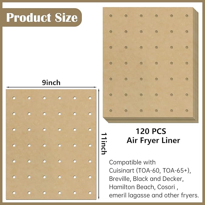 120 Sheets 9x11inch Unbleached Air Fryer Parchment Paper Liners,Non-stick Disposable Rectangle Baking Paper Compatible with Cuisinart,Ninja Foodi,Breville,Gowise,Black Decker