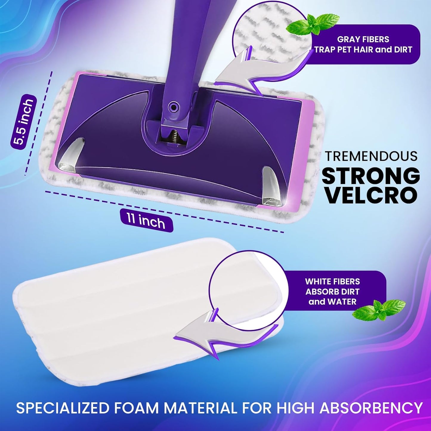 6pcs of Universal 11-inch Velcro Type Reusable Floor Mop Pads Compatible with Swiffer Wet Jet Refills Machine Washable Thick Microfiber Wet Pads for Hardwood and Household Cleaning Supplies (6pcs)