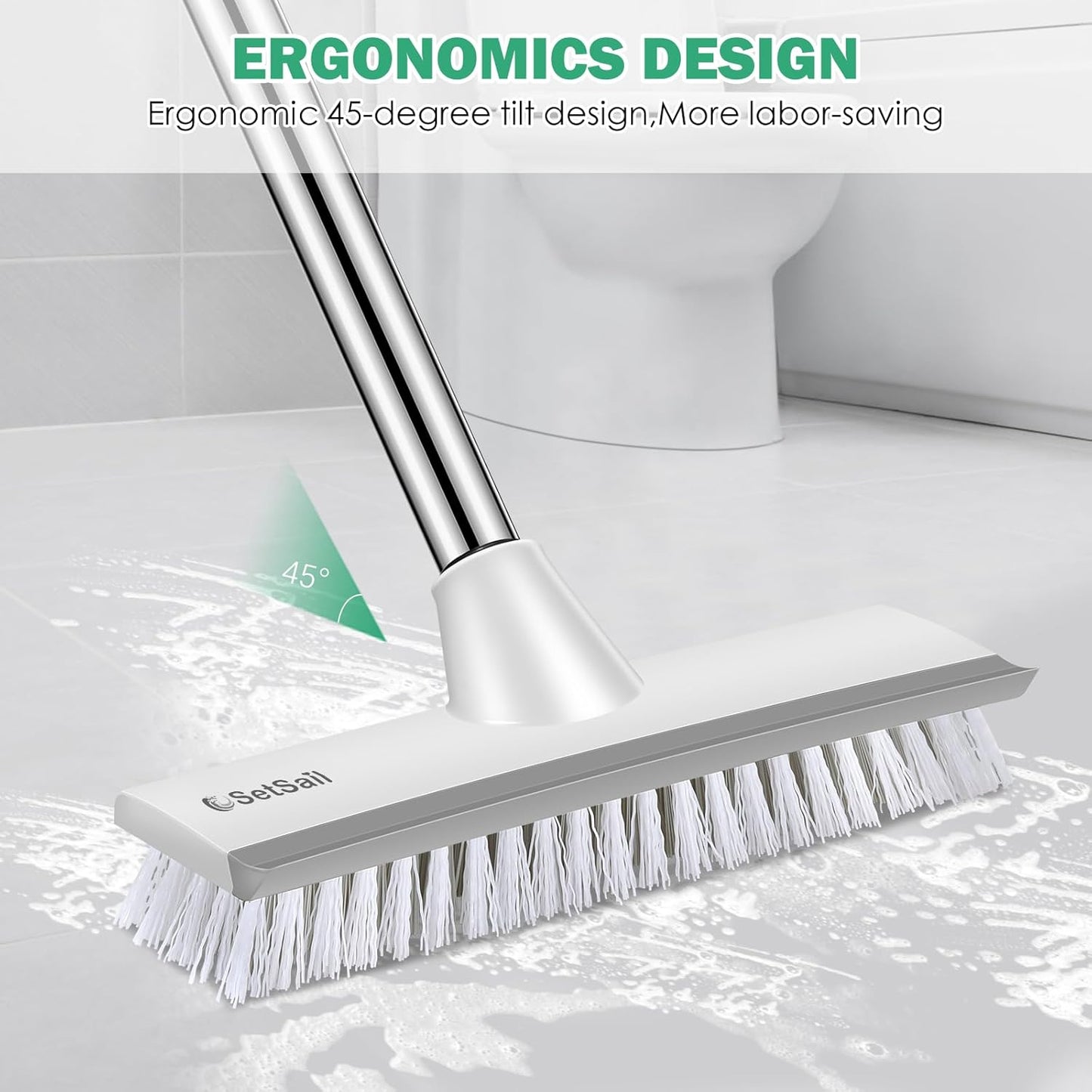 SetSail Floor Scrub Brush with 51-Inch Long Adjustable Handle 2 in 1 Scrape Brush Stiff Bristle Floor Scrubber for Cleaning Shower Bathroom Garage Kitchen Wall Deck Tub Tile,White