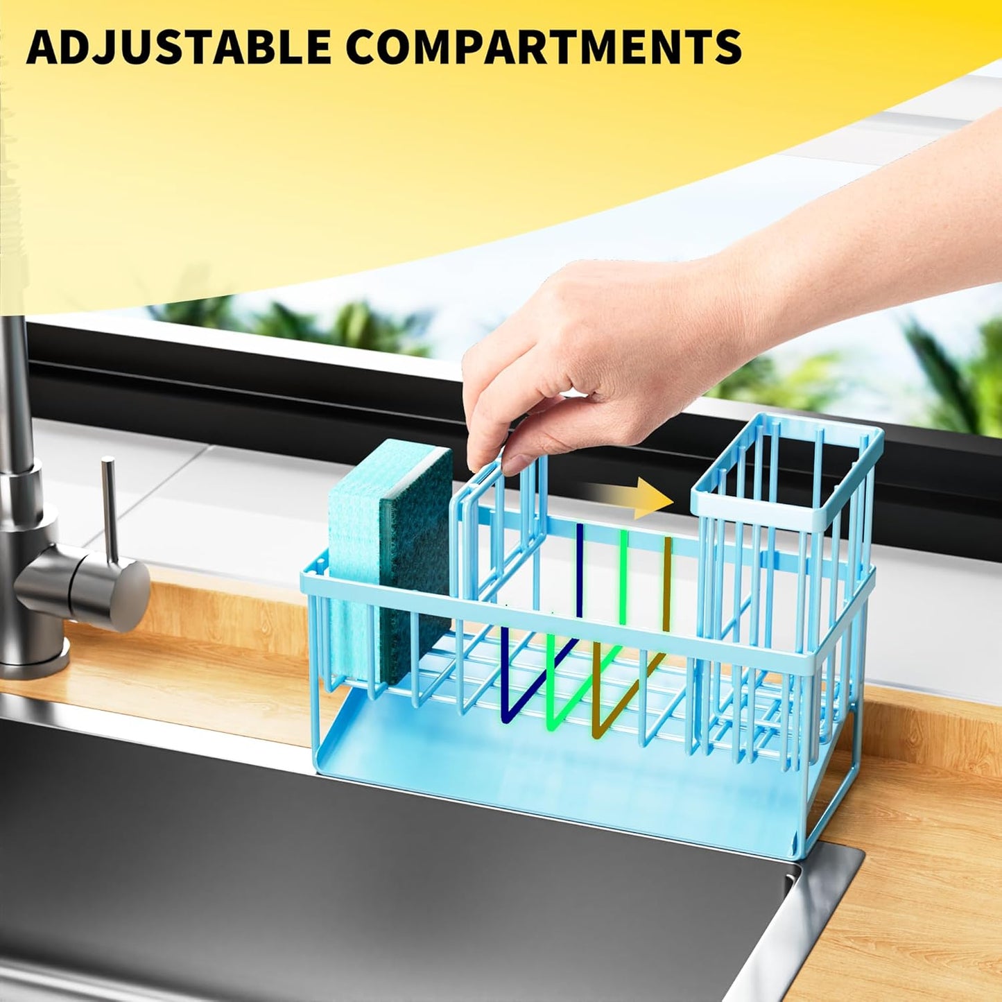 Cisily Blue Kitchen Sink Caddy Organzier with High Brush Holder, Sponge Holder for Sink, 304 Rustproof Stainless, Kitchen Countertop Soap Dispenser Organizer, Home Decor and Accessories