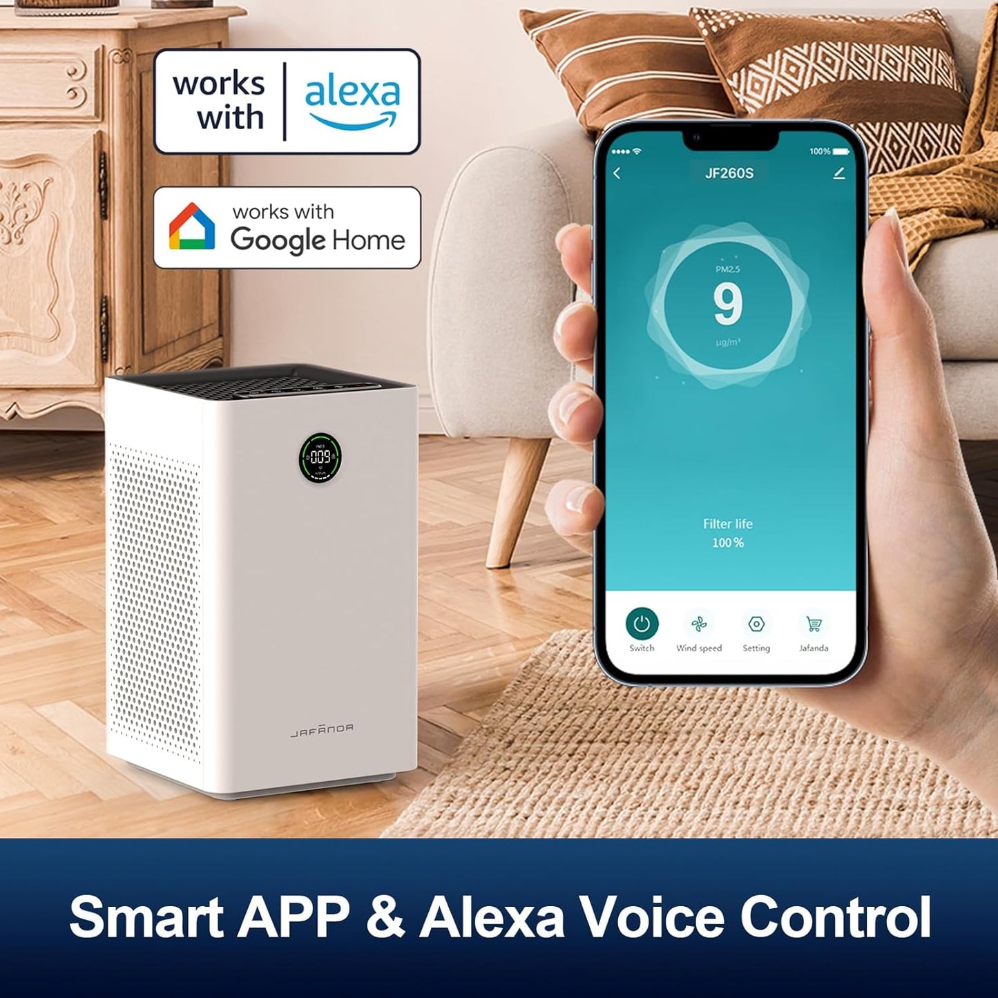 Jafända Air Purifiers for Home Large Room, Smart WiFi and Alexa Control, True HEPA 13 Filter Air Cleaner with Activated Carbon, 1190 Ft², Remove Dust Pollen Smoke Odors, Quiet Sleep Mode 23dB