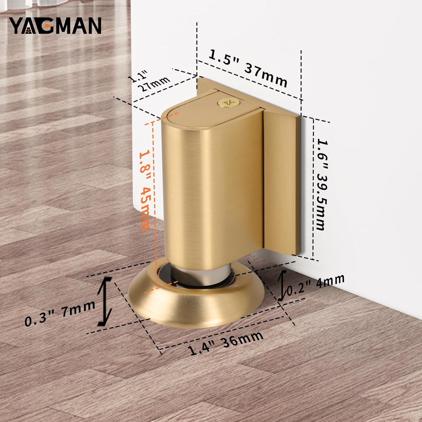 2 Pack Magnetic Door Stoppers Retractable Bottom of Door Holder No Drilling Mount Floor Door Stop with Screws and Adhesive Catch Door Keep Door Open Brushed Gold BG-2