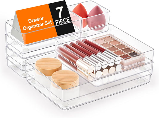 SMARTAKE 7-Piece Drawer Organizer with Non-Slip Silicone Pads, 4-Size Desk Drawer Organizer Trays Storage Tray for Makeup, Jewelries, Utensils in Bedroom Dresser, Office and Kitchen (Clear)