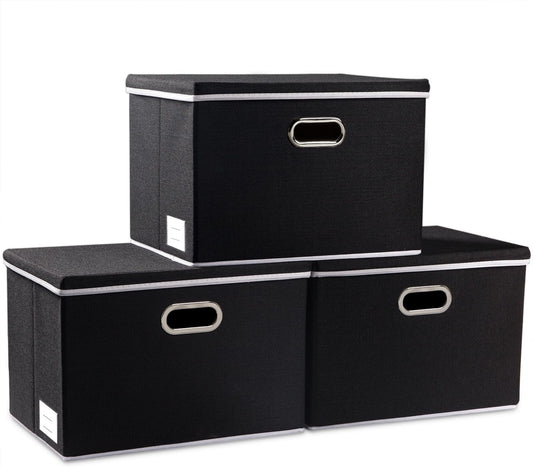 PRANDOM Large Foldable Storage Boxes with Lids [3-Pack] Fabric Collapsible Storage Bins Organizer Containers Baskets Cube with Cover for Home Bedroom Closet Office Nursery Black(17.7x11.8x11.8)