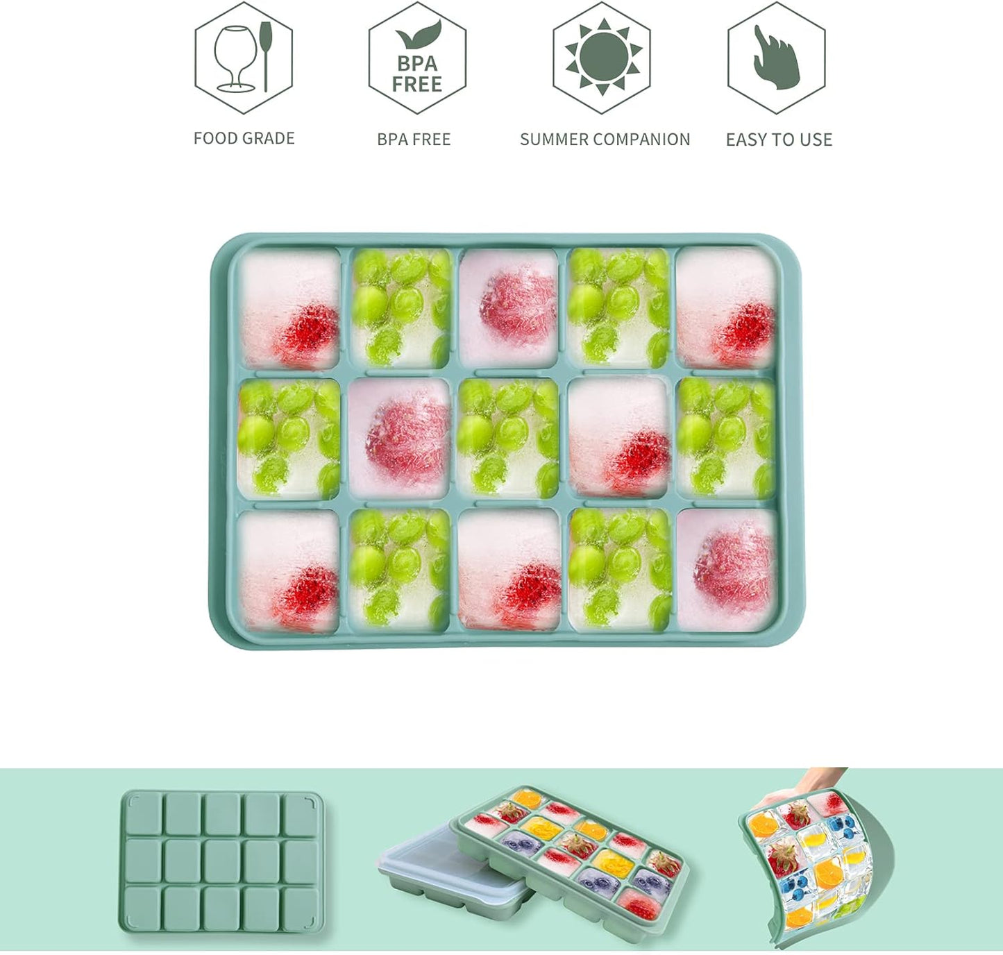 Ice Cube Trays Set of 2, Easy Release 15 Flexible Silicone Ice Cube Molds with Removable Lid Reusable Freezer Ice Trays Stackable for Whiskey, Baby Food, BPA Free (BAMBOO GREEN)