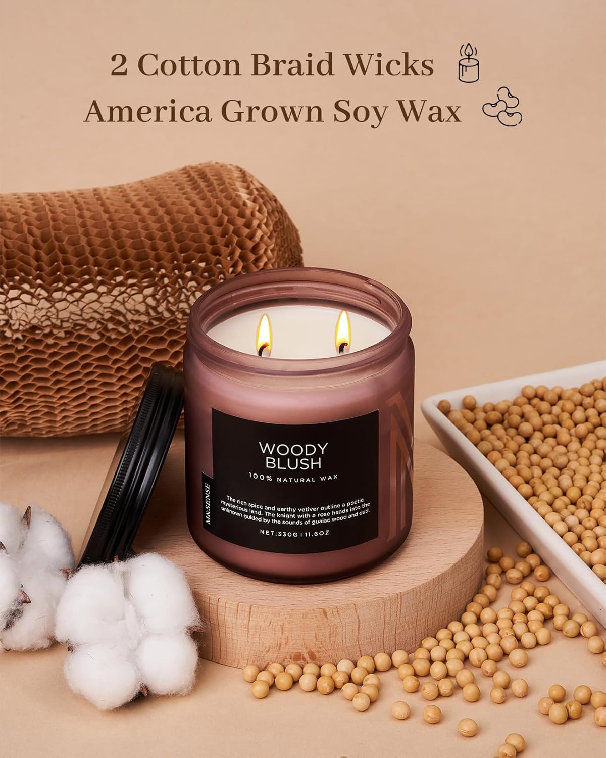 M&SENSE Rose Oudwood Scented Candle, 11.6oz 70 Hours Natural Soy Wax Long Lasting Slow Burning Candles, 2 Wick Relaxing Aromatherapy Gifts for Home Decor