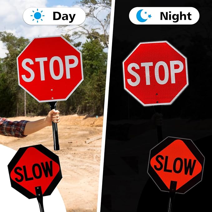 GicnKeuz Stop Slow Sign with Metal Handle, 13x13 inches Double Sided Slow/Stop sign, Traffic Reflective Aluminum Sign, Fade Resistant/Waterproof, Easy to Mount (2 Pack)