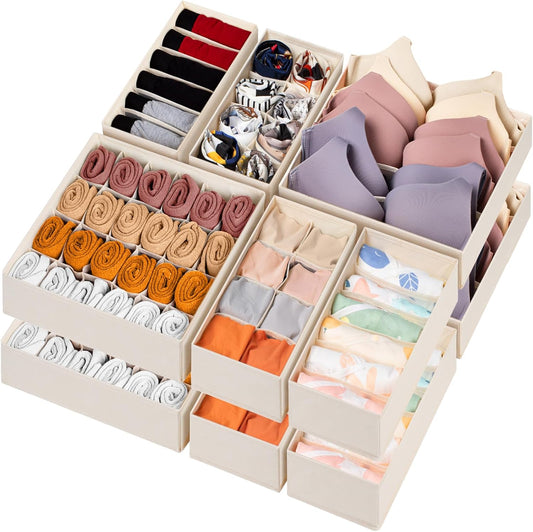 12 Pack Baby Clothes Organizer for Nursery, 116 Cells Fabric Foldable Dresser Closet Organizers and Storage Bins for Clothing, Women Men Underwear Socks, Bra, Ties, Scarf, Belt, Hair Accessories