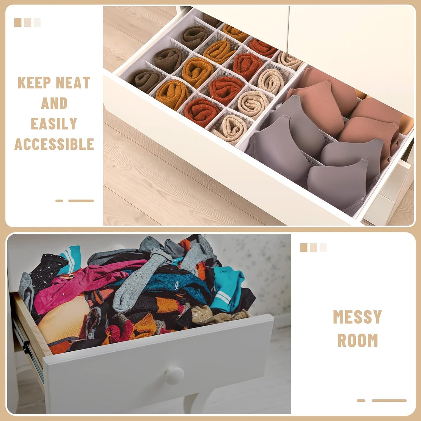 3 Pack Bra Underwear Drawer Organizer Dividers, 26 Cell Fabric Foldable Dresser Closet Organizers and Storage Boxes for Baby Clothes, Bra, Socks, Underwear, Ties (5+5+16 Slots, White)