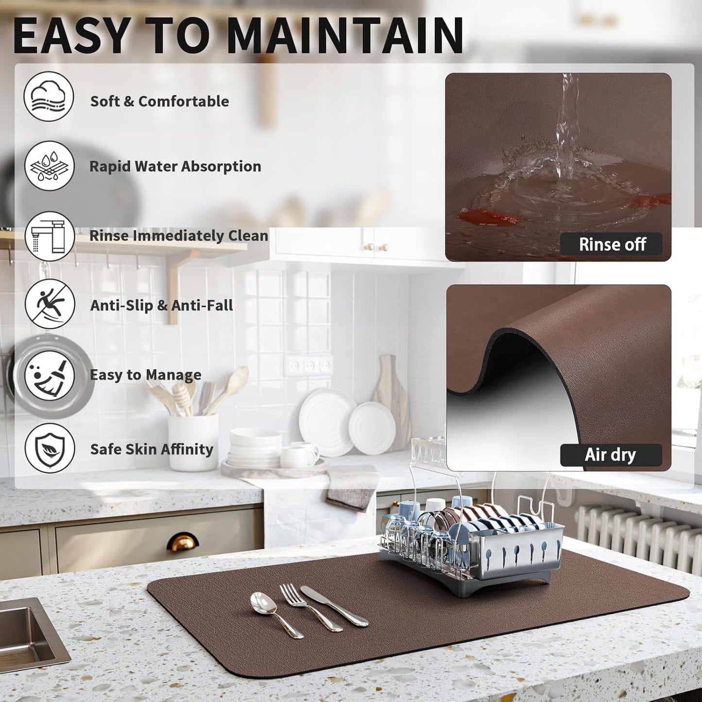 Dish Drying Mat for Kitchen Counter, Heat Resistant Drainer Mats with Non-slip Rubber Backed, Hide Stain Kitchen Super Absorbent Draining Mat, Easy to Clean Dish Rack Pad, Brown 18"x28"