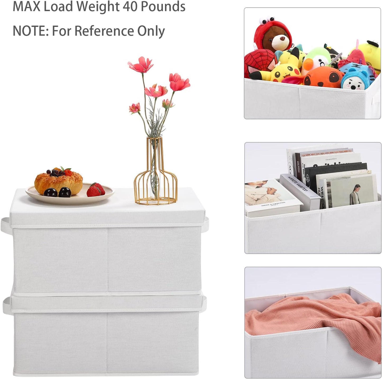 HOONEX Storage Bins with Lids for Organizing, Pack of 2, Storage Boxes with 2 Carrying Handles and Sturdy Heavy Cardboard, 16.5" L x 11.8" W x 7.5" H for Shoes, Books, Clothes, Nursery, White