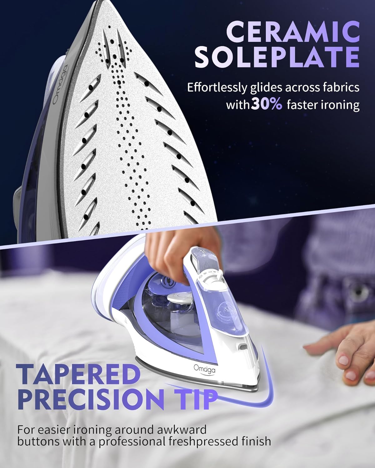 Cordless Iron for Clothes, 1550W 2-In-1 Cordless/Corded Steam Iron Rapid Heating, Ceramic Soleplate, 3-Way Auto-Off, Self-Cleaning, 12.85oz Water Tank Ironing Clothes for Home, Purple