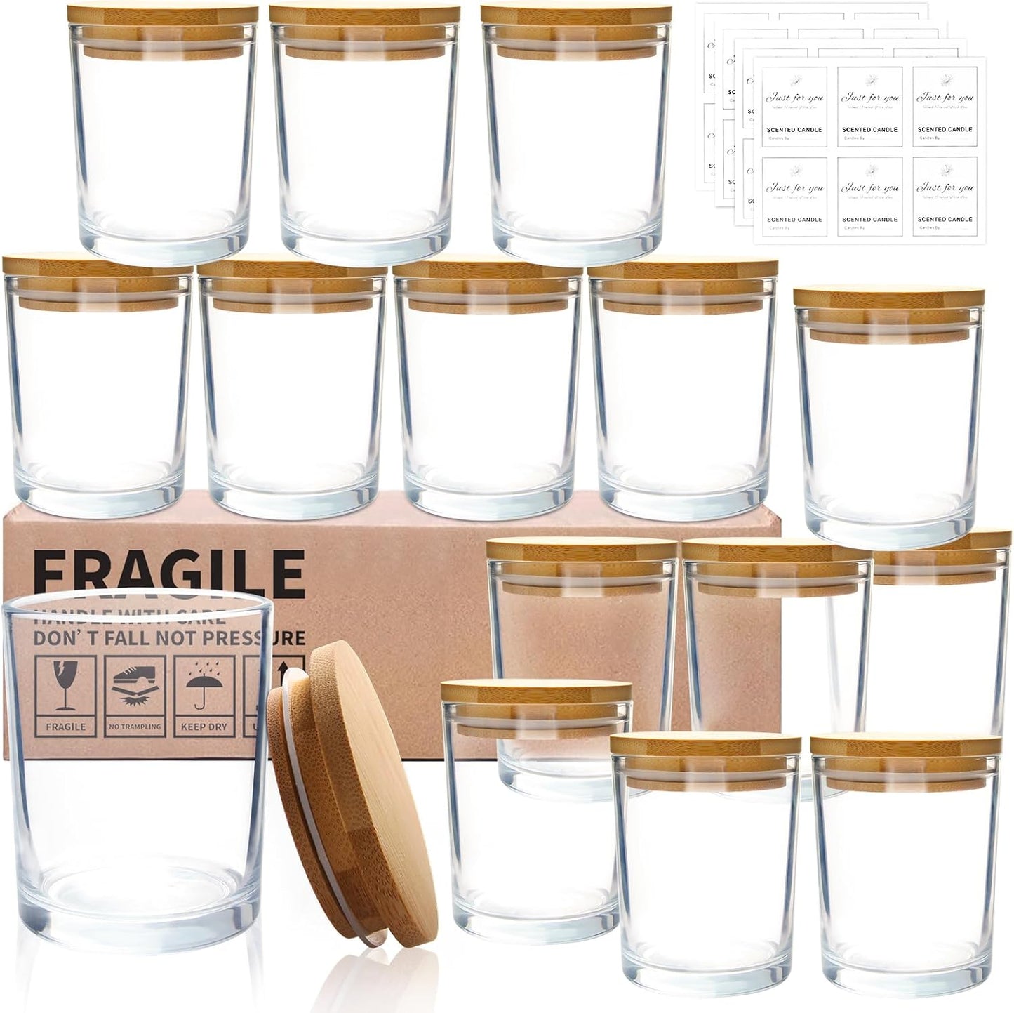 CONNOO 15 Pack 7 OZ Clear Candle Jars with Bamboo Lids, Thick Glass Empty Jars for Making Candles - Dishwasher Safe, in Bulk.