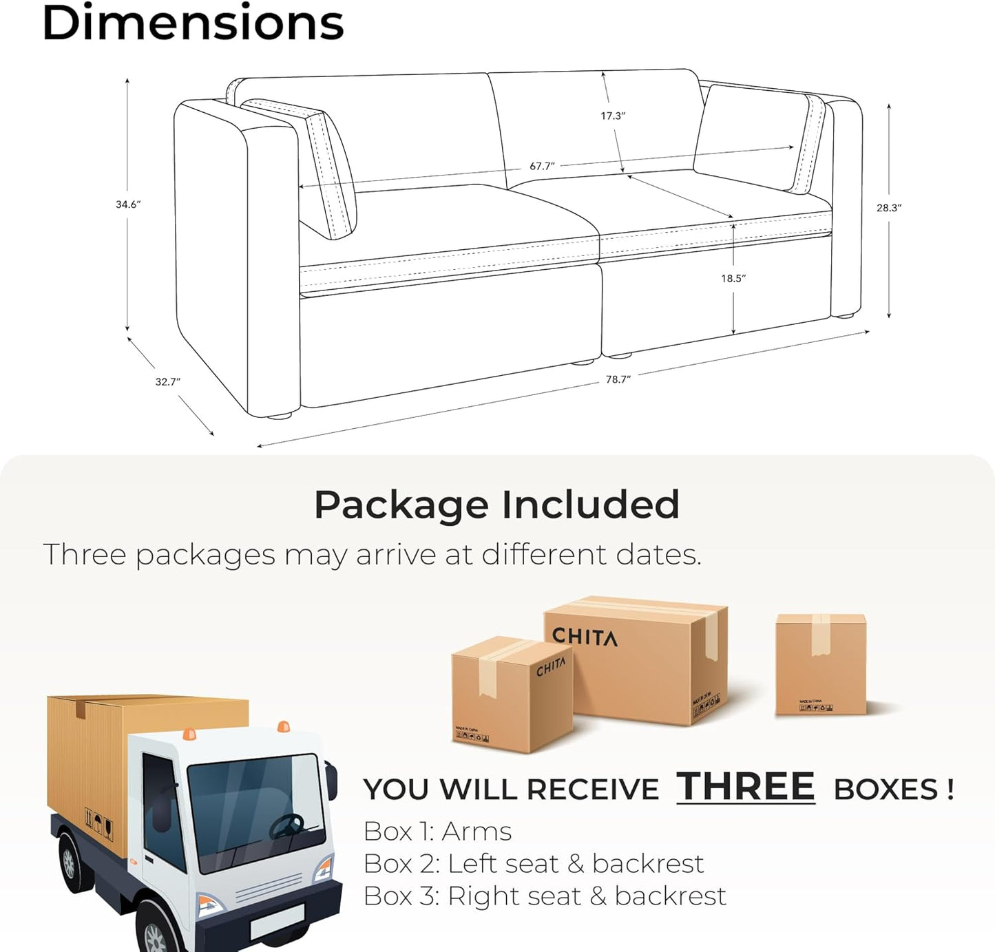 CHITA Small Modular Sectional Fabric Sofa Set, Extra Comfty Loveseat Cloud Couch, FSC Certified Modular Sectional Couch for Living Room, 78 inch Width,2 Seat Modular Sofa, Grey