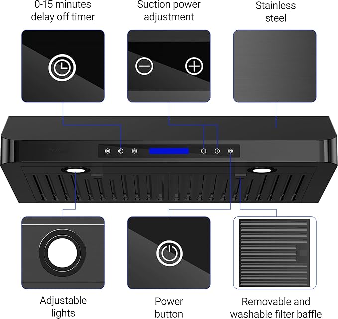 EKON 42 inches Black Under Cabinet Range Hood, 900 CFM Stainless Steel Kitchen Chimney Vent, 4 Speed Touch Screen Control With Remote 2Pcs 3W LED lights Dishwasher-safe Filters Fan Timer