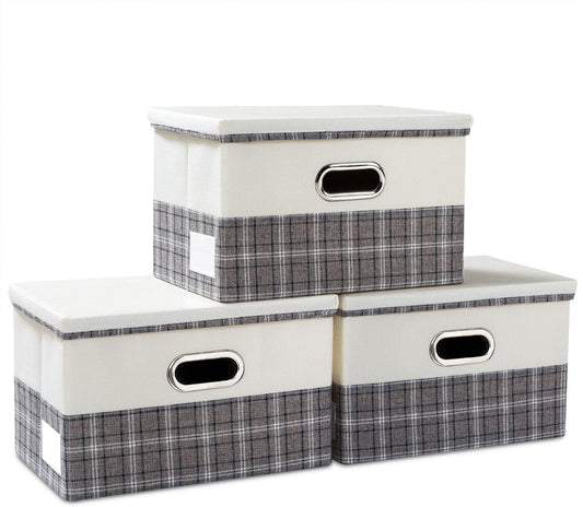 PRANDOM Collapsible Storage Bin with Lid [3-Pack] Fabric Foldable Storage Box Organizer Container Basket Cube with Cover for Home Bedroom Closet Office Nursery Gray plaid & Cream(14.9x9.8x9.8)