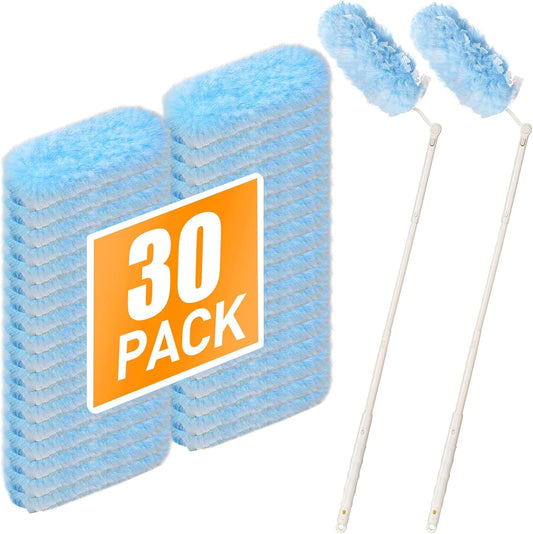 Heavy Duty Duster Refills for Swiffer Dusters, 360° Multi-Surface Microfiber Duster Refills with 2.5 ft Extended Handle, Unscented Disposable Feather Dusting Kit (30 Count Refills, 2 Handles)