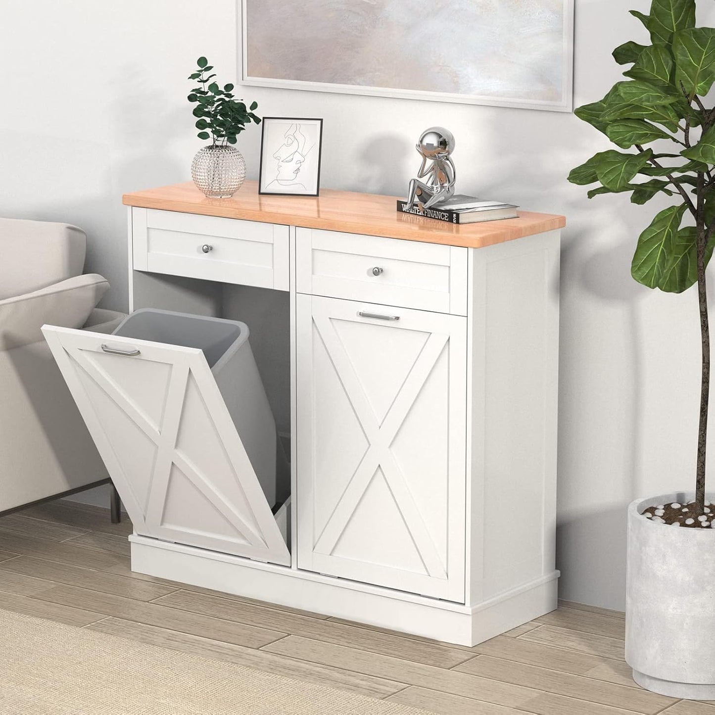 Betterhood Double Tilt Out Trash Cabinet Can Bin Kitchen 20 Gallon Wooden Free Standing Laundry Sorter,Recycling Cabinet with Hideaway Drawer, (White)